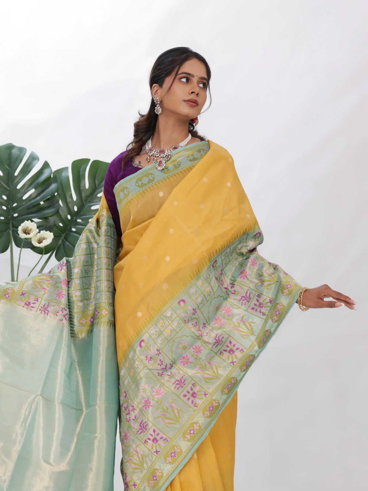 Yellow - Teal Banarasi Kora Silk Saree - Image 5