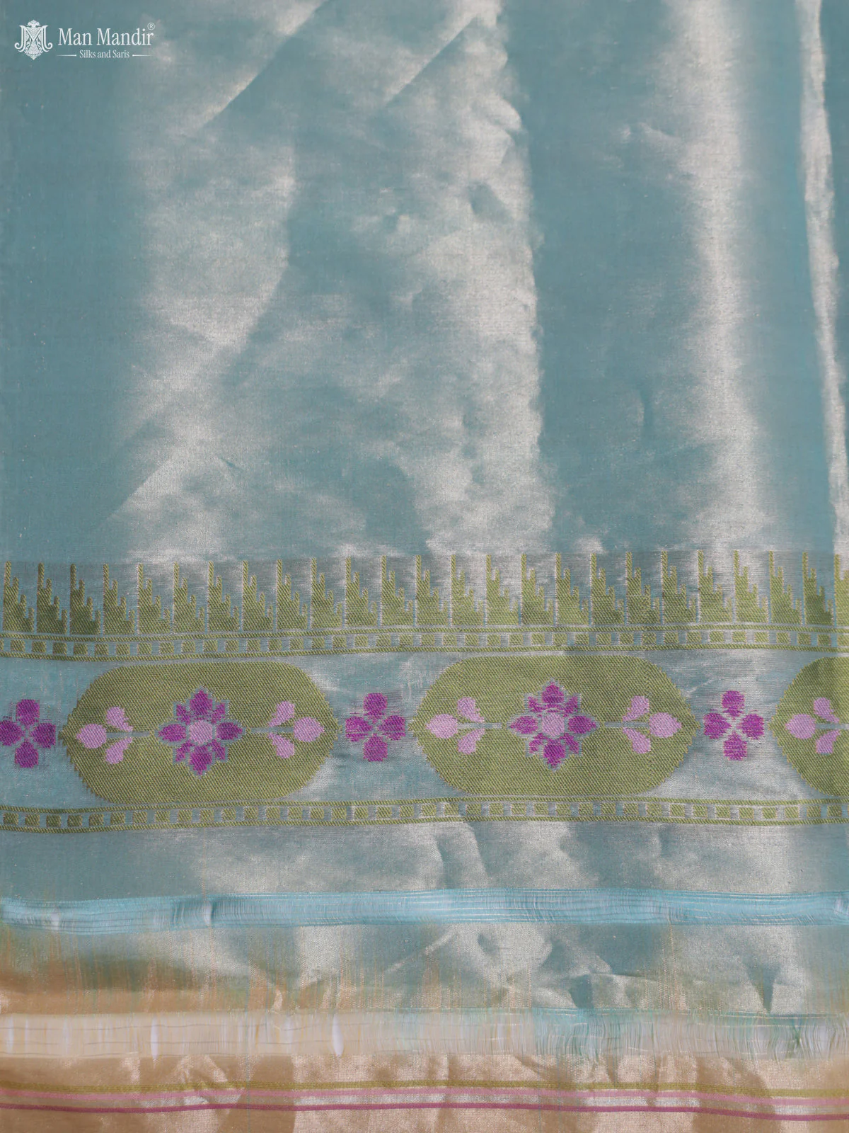 Yellow - Teal Banarasi Kora Silk Saree - Image 6