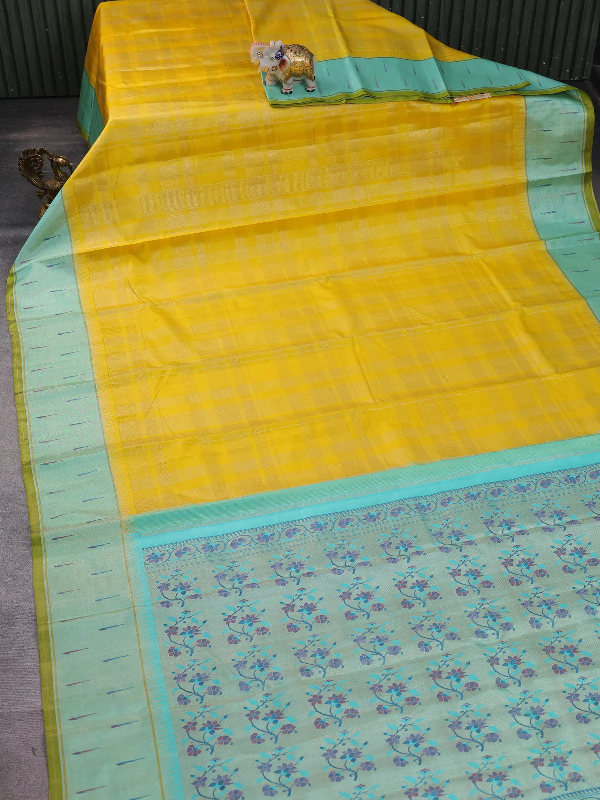 Yellow - Teal Blue Pure Kanchipuram Silk Saree - Image 2
