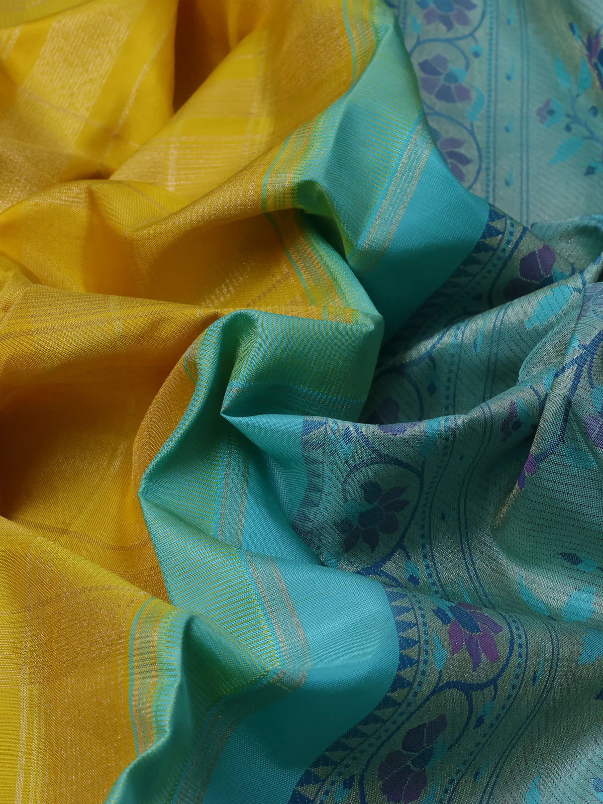 Yellow - Teal Blue Pure Kanchipuram Silk Saree - Image 3