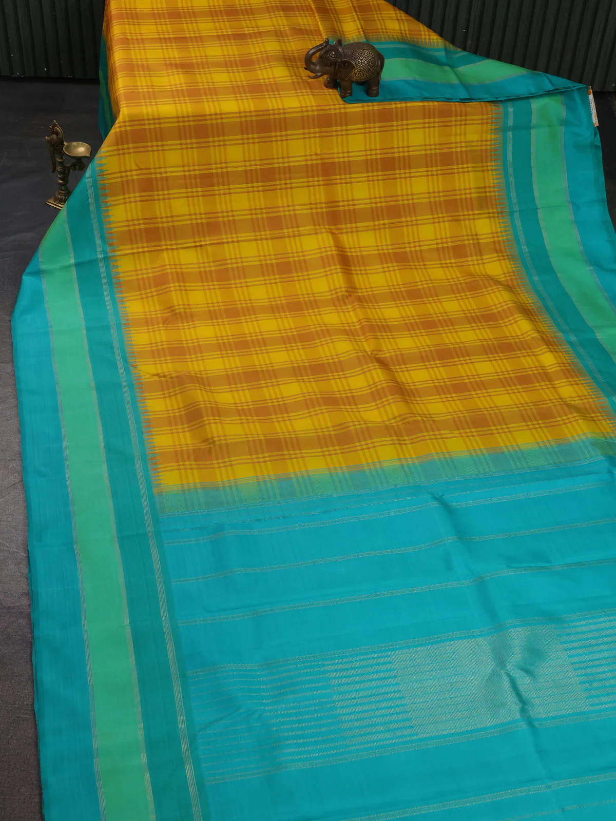 Yellow -Teal Green Pure Kanchipuram Silk Saree - Image 2
