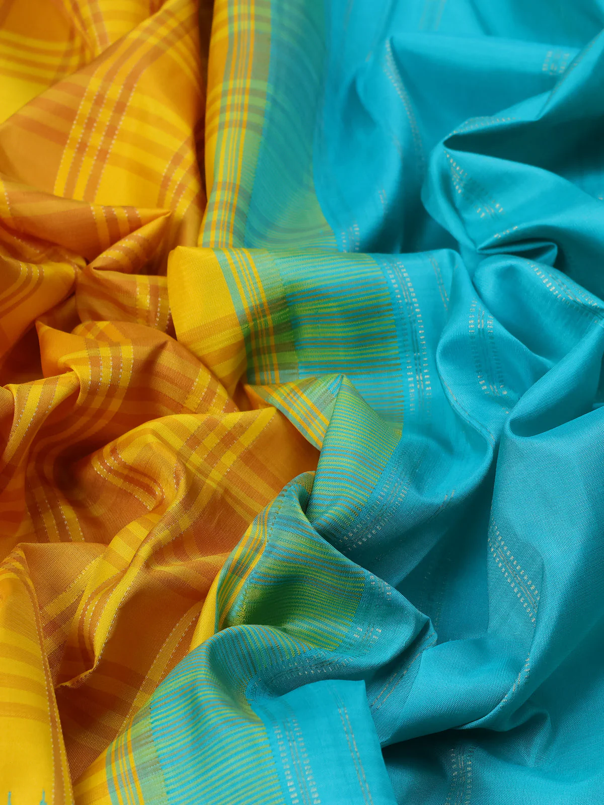 Yellow -Teal Green Pure Kanchipuram Silk Saree - Image 3
