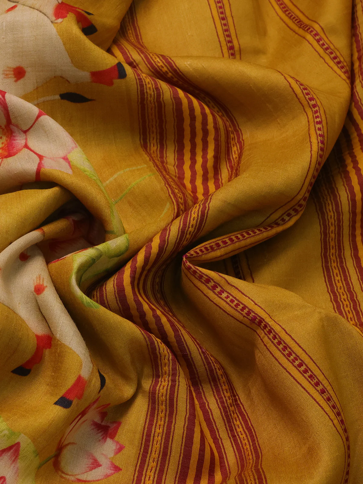 Yellow Tussar Silk Saree With Pichwai Digital Prints & Vidarbha Border - Image 3