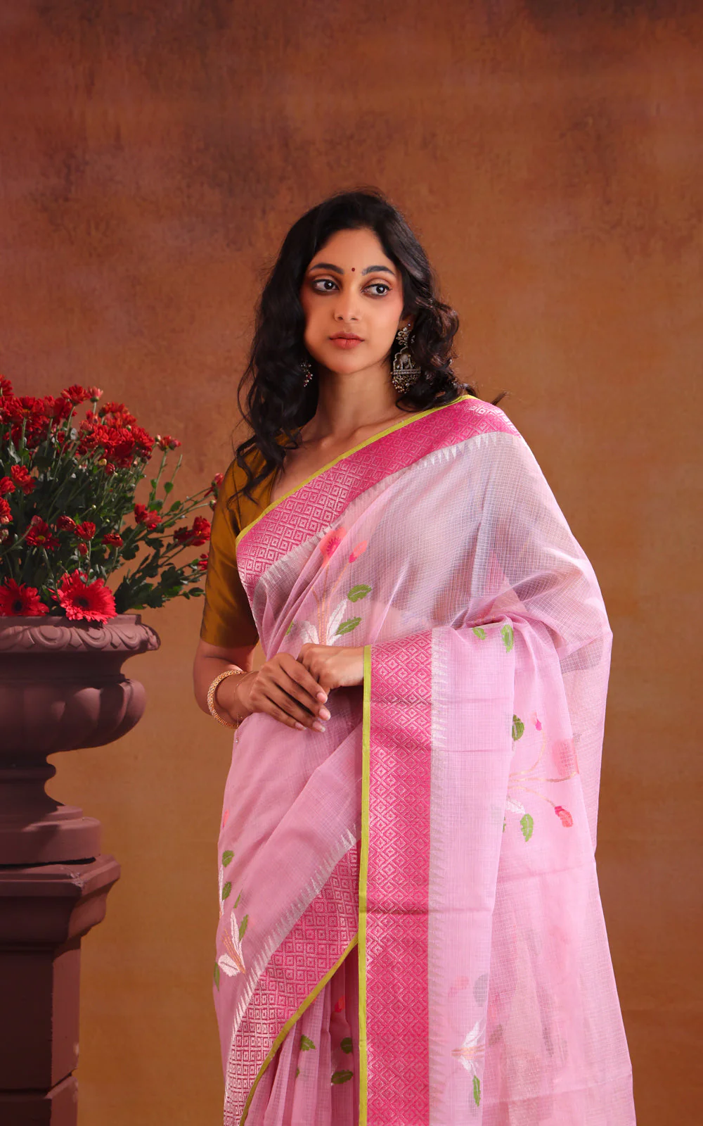 Baby Pink Zari Kota Saree With Jamdani Floral Motif - Image 2