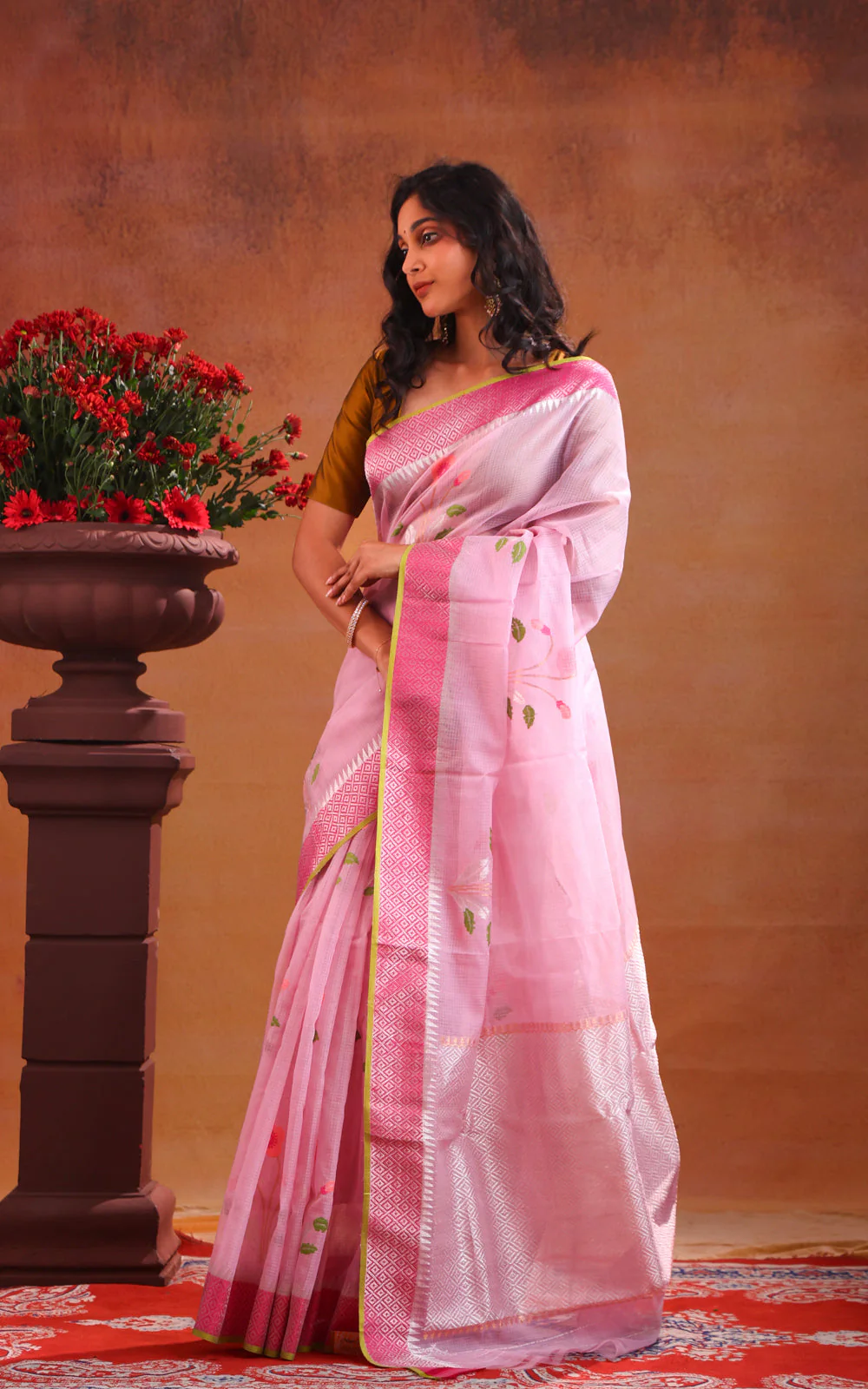 Baby Pink Zari Kota Saree With Jamdani Floral Motif - Image 3