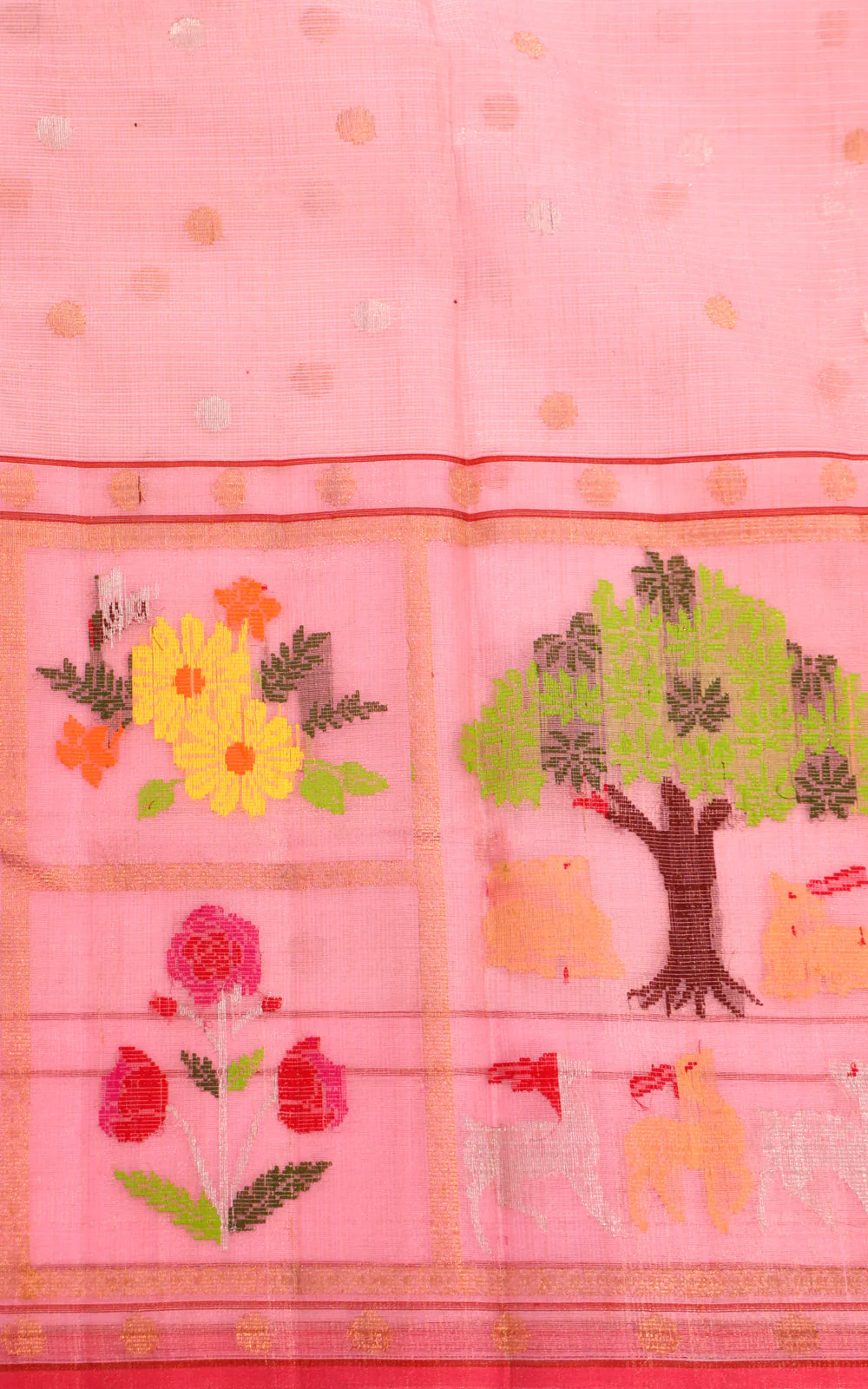 Baby Pink Zari Kota Saree With Silver & Gold Wavy Weaves - Image 6