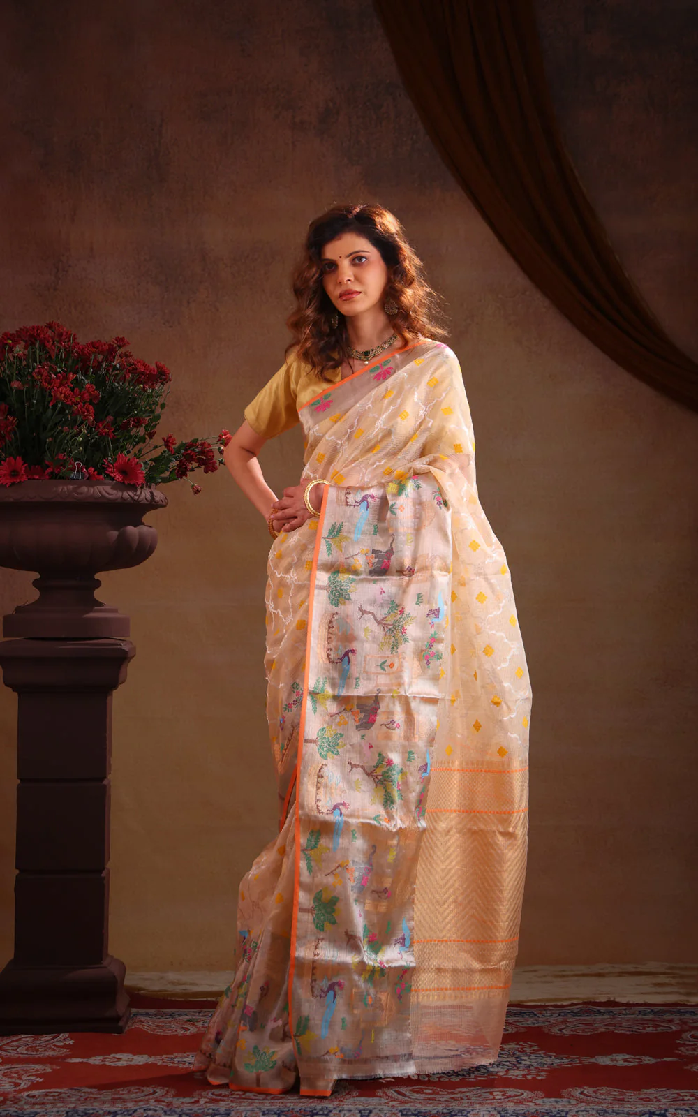 Cream Zari Kota Saree With Rich Mina Border - Image 3