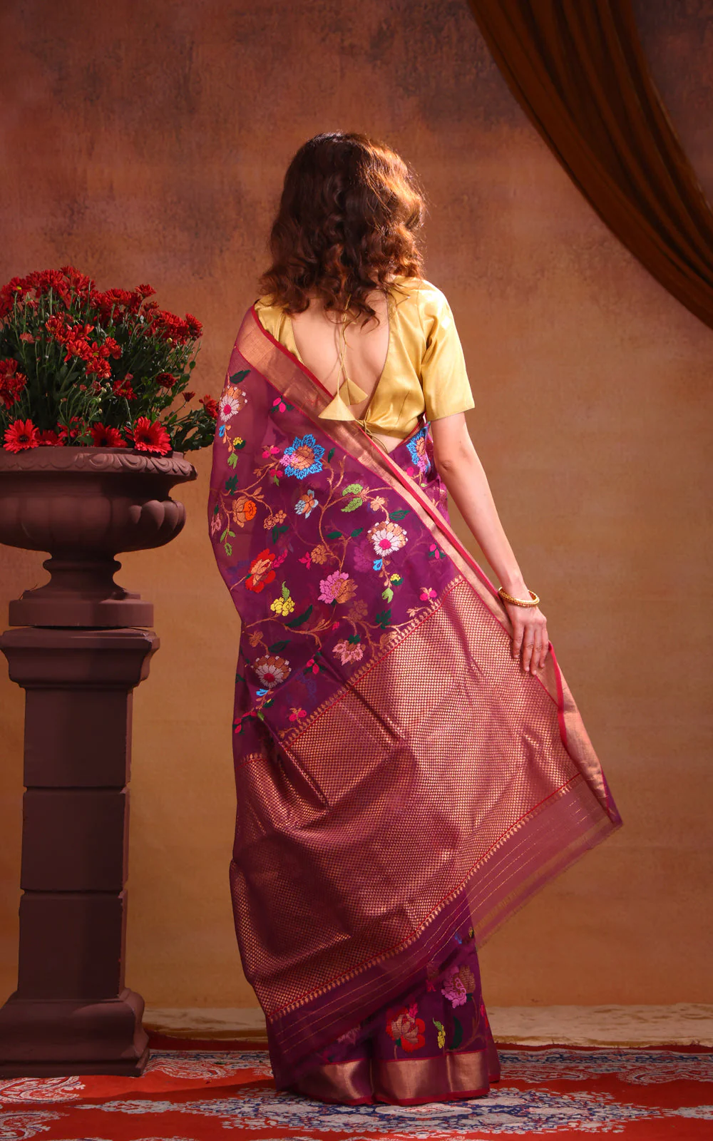 Deep Purple Zari Kota Saree With Jamdani Weaves - Image 3