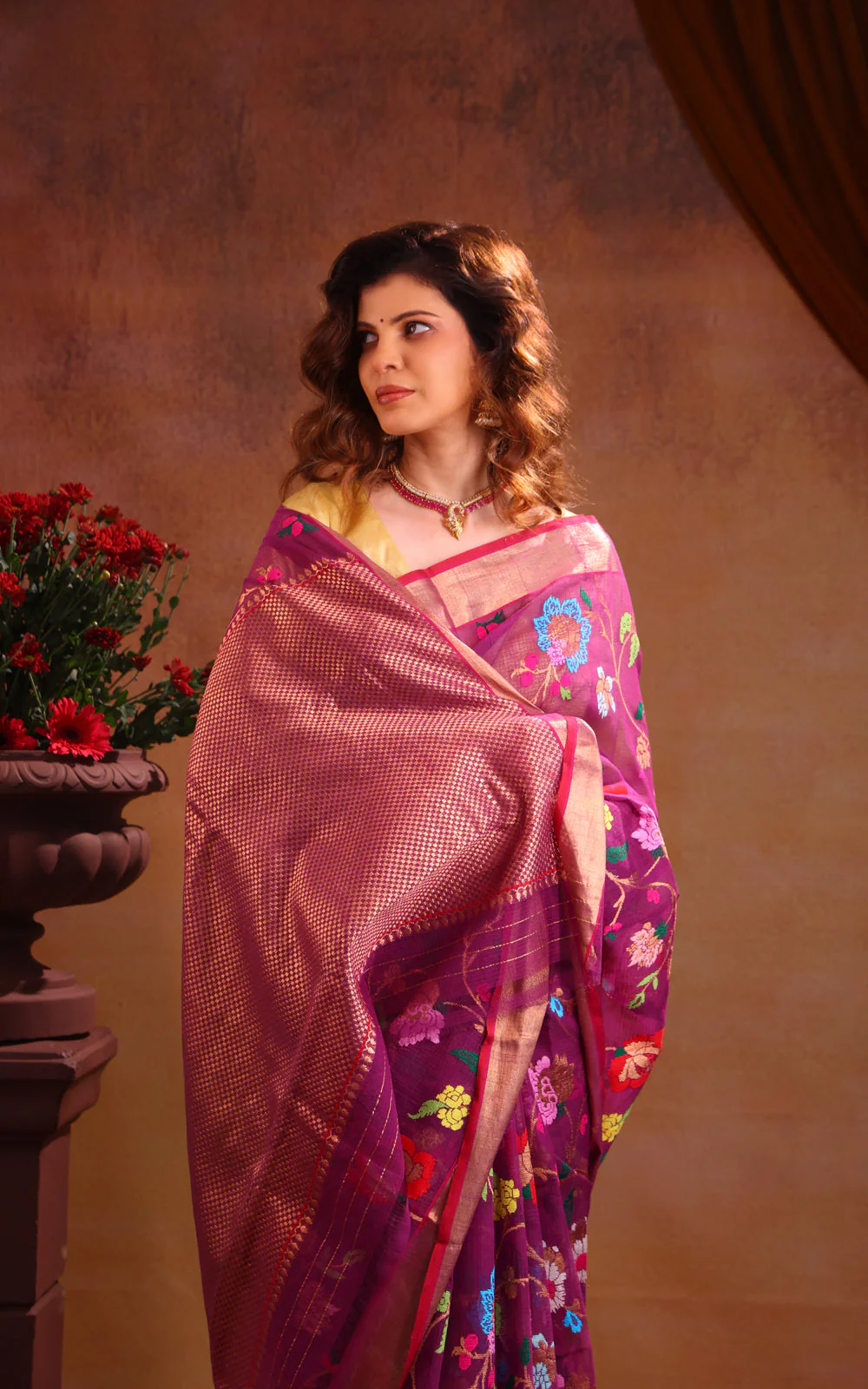 Deep Purple Zari Kota Saree With Jamdani Weaves - Image 4