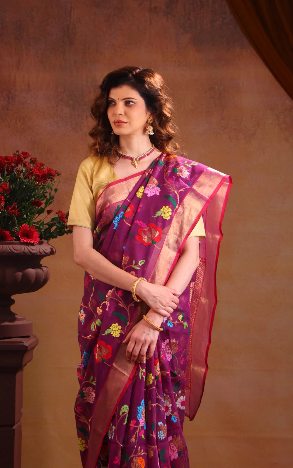 Deep Purple Zari Kota Saree With Jamdani Weaves - Image 5