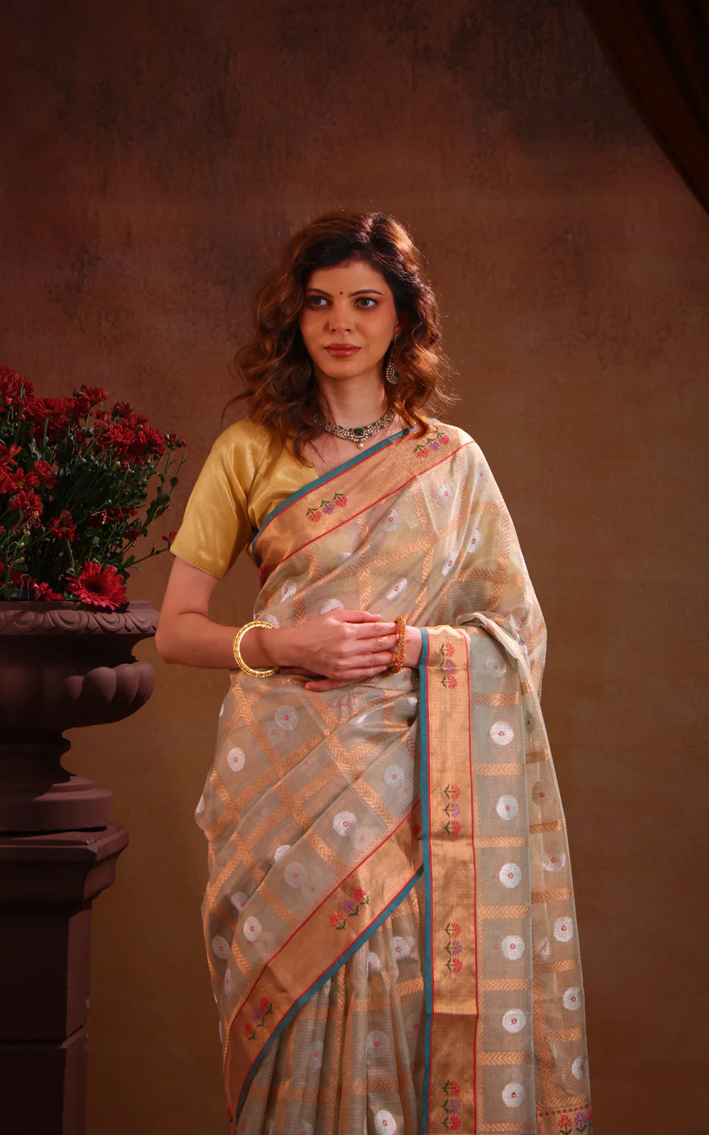 Pastel Green Zari Kota Saree With Zari Checks & Silver Butta - Image 3