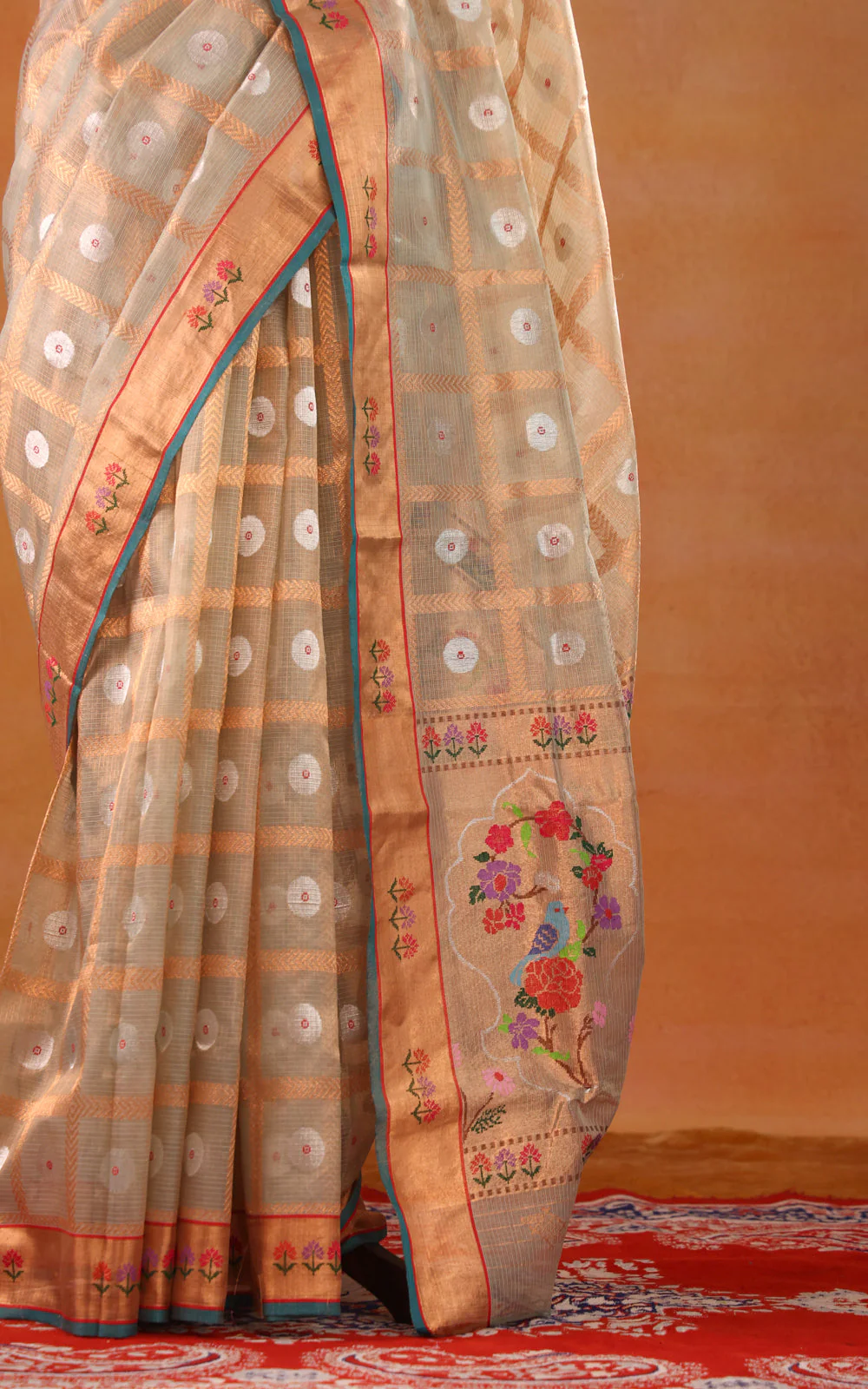 Pastel Green Zari Kota Saree With Zari Checks & Silver Butta - Image 7