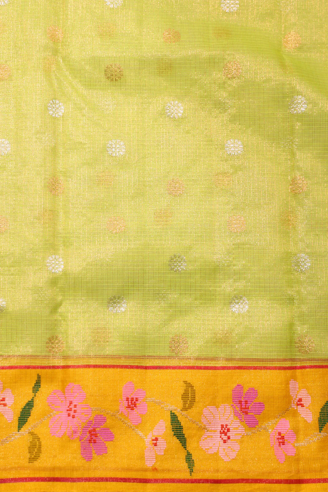 Light Green Zari Kota Saree Silver & Gold Butta - Image 7