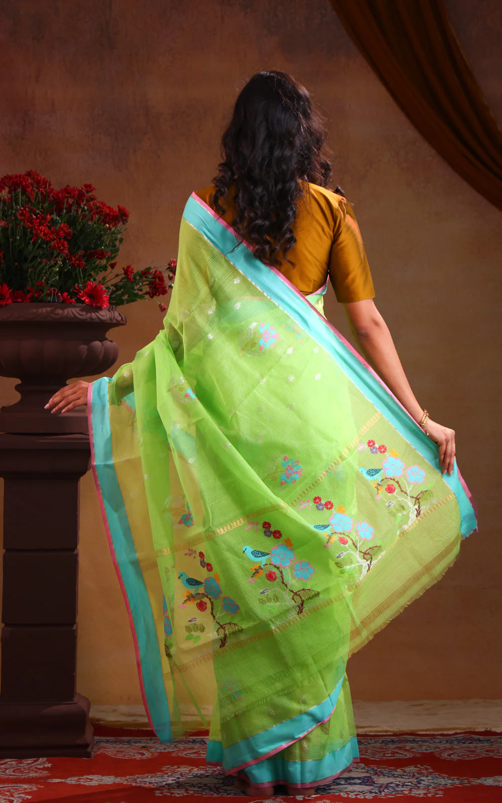 Parrot Green & Teal Zari Kota Saree With Jamdani Weaves - Image 4