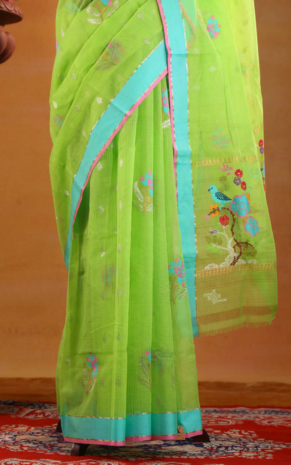Parrot Green & Teal Zari Kota Saree With Jamdani Weaves - Image 6