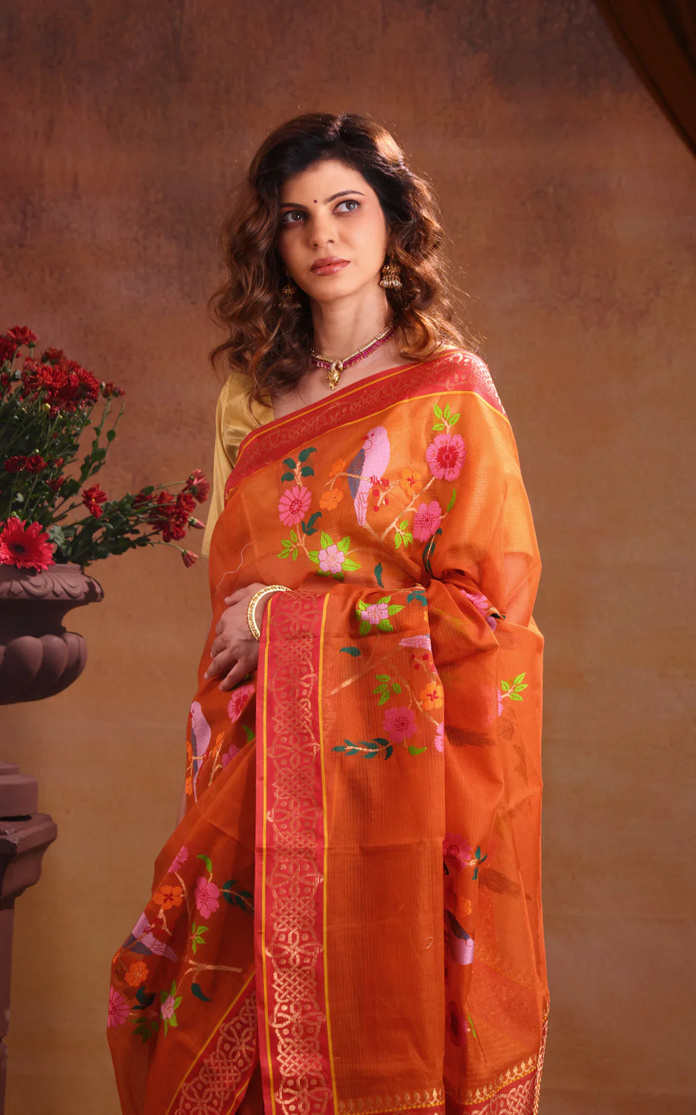 Orange Zari Kota Saree With Jamdani Weaves - Image 3
