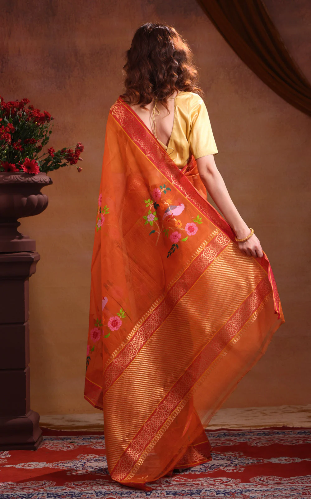 Orange Zari Kota Saree With Jamdani Weaves - Image 4