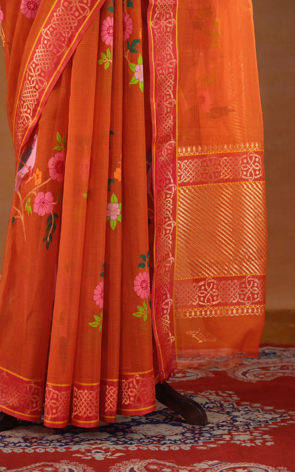 Orange Zari Kota Saree With Jamdani Weaves - Image 7